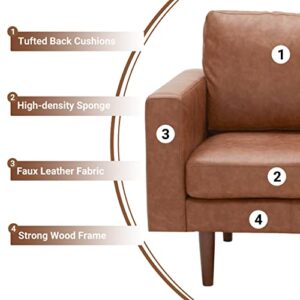 Kingfun 65" Faux Leather Loveseat Sofas for Living Room, Small Couches for Small Spaces Bedroom with Solid Wooden Frame and Padded Cushion, Mid Century Modern Decor Love Seats Furniture (Brown)