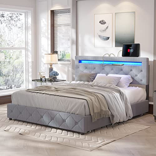 HOMFAMILIA Queen LED Bed Frame with 4 Storage Drawers and 2 USB Ports, Modern Adjustable Upholstered Button Tufted Headboard, Solid Wooden Slat Support, No Box Spring Needed(Light Grey)