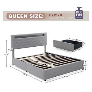 HOMFAMILIA Queen LED Bed Frame with 4 Storage Drawers and 2 USB Ports, Modern Adjustable Upholstered Button Tufted Headboard, Solid Wooden Slat Support, No Box Spring Needed(Light Grey)