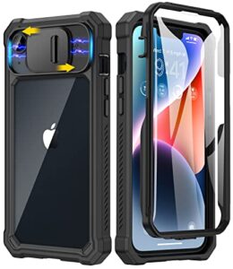 caka for iphone 14 case, iphone 13 case with screen protector & slide camera cover heavy duty shockproof phone case for iphone 13 iphone 14 6.1 inches, black