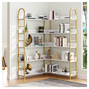5-tier gold bookcase, l-shape corner bookshelf white & gold, modern display shelf book shelves with adjustable foot, freestanding storage shelves for home office use