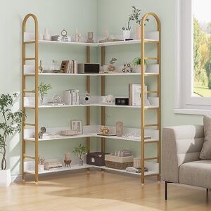 5-Tier Gold Bookcase, L-Shape Corner Bookshelf White & Gold, Modern Display Shelf Book Shelves with Adjustable Foot, Freestanding Storage Shelves for Home Office Use