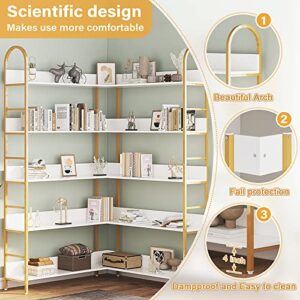 5-Tier Gold Bookcase, L-Shape Corner Bookshelf White & Gold, Modern Display Shelf Book Shelves with Adjustable Foot, Freestanding Storage Shelves for Home Office Use