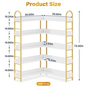 5-Tier Gold Bookcase, L-Shape Corner Bookshelf White & Gold, Modern Display Shelf Book Shelves with Adjustable Foot, Freestanding Storage Shelves for Home Office Use