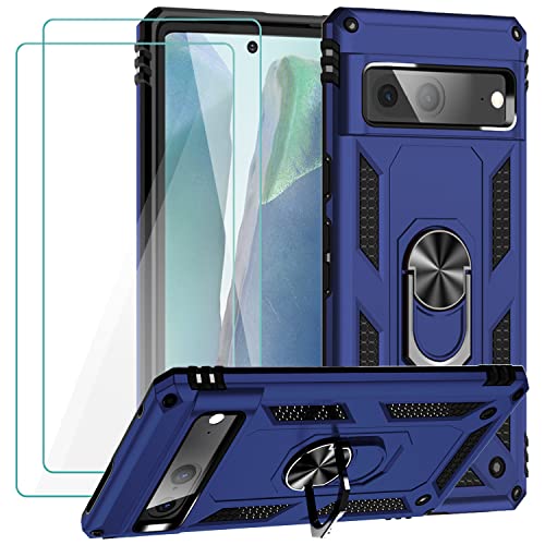 Muntinfe for Google Pixel 7 Case with Tempered Glass Screen Protector [2 Pack], Military-Grade Armor Shockproof Protective Phone Case Cover with Ring Magnetic Kickstand for Pixel 7, Blue