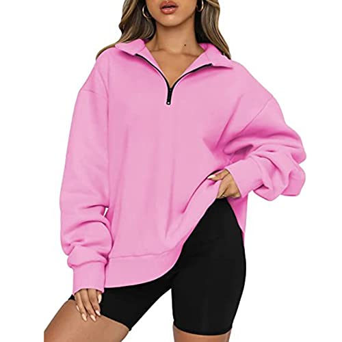 UOQAPRE Oversized Sweatshirt for Women Long Sleeve Womens Sweaters Half Zip Pullover Women Clothes for Girls Christmas Pink