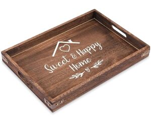 sweet happy home - rectangle wooden coffee serving tray with handles, funny rustic farmhouse foods tray coffee table tray home kitchen decorative for christmas birthday housewarming gifts