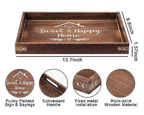 Sweet Happy Home - Rectangle Wooden Coffee Serving Tray with Handles, Funny Rustic Farmhouse Foods Tray Coffee Table Tray Home Kitchen Decorative for Christmas Birthday Housewarming Gifts