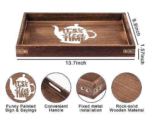 It's Tea Time - Rectangle Wooden Coffee Serving Tray with Handles, Funny Rustic Farmhouse Foods Tray Coffee Table Tray Home Kitchen Decorative for Christmas Birthday Tea Lovers Gifts