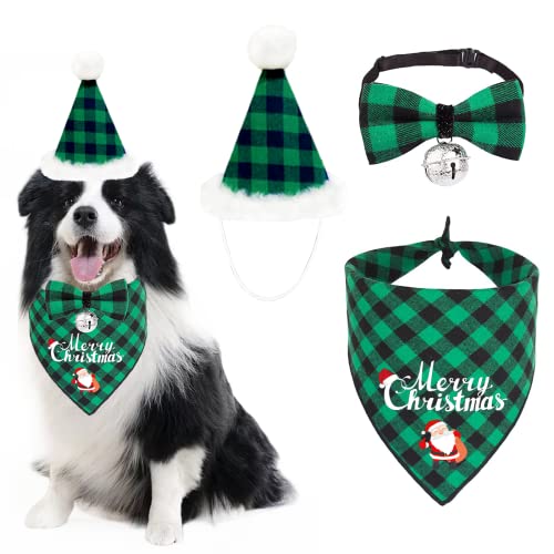 Comtraker Christmas Dog Bandana Hat Bow Tie Set Christmas Green Buffalo Plaid Pet Triangle Scarf Adjustable Bowtie Dog Outfit Decoration Small Medium Large Dog Cat Pet