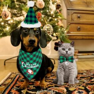 Comtraker Christmas Dog Bandana Hat Bow Tie Set Christmas Green Buffalo Plaid Pet Triangle Scarf Adjustable Bowtie Dog Outfit Decoration Small Medium Large Dog Cat Pet