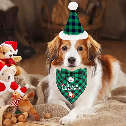 Comtraker Christmas Dog Bandana Hat Bow Tie Set Christmas Green Buffalo Plaid Pet Triangle Scarf Adjustable Bowtie Dog Outfit Decoration Small Medium Large Dog Cat Pet