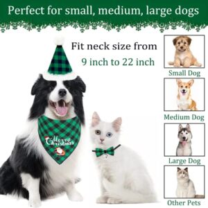 Comtraker Christmas Dog Bandana Hat Bow Tie Set Christmas Green Buffalo Plaid Pet Triangle Scarf Adjustable Bowtie Dog Outfit Decoration Small Medium Large Dog Cat Pet