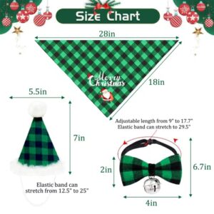 Comtraker Christmas Dog Bandana Hat Bow Tie Set Christmas Green Buffalo Plaid Pet Triangle Scarf Adjustable Bowtie Dog Outfit Decoration Small Medium Large Dog Cat Pet