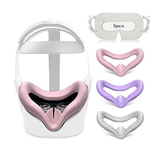 3Pcs VR Silicone Cover Eye Pads for Oculus Quest 2 Sweat Proof Lightproof Non-Slip Washable Comes with 5pcs Disposable Eye Covers (Pink+Gray+Purple)