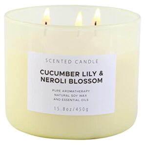 cucumber, lily of the valley & neroli blossom luxury 3-wick candle | large scented candles for home 15.8 oz | relaxing aromatherapy stress relief candles | natural soy candles for women & men