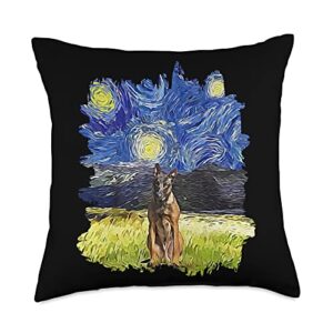 belgian malinois gift for men women & youth starry night impressionist-dog art belgian malinois throw pillow, 18x18, multicolor