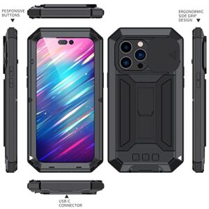 Lunivop Armor Metal Compatible with iPhone 14 Pro Max 6.7 inch 2022 Case Cameras Protection Heavy Duty Protection Doom Cover Shockproof with Built in Screen Protector Holder Kickstand (Black)