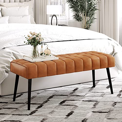 LUE BONA 44.5” End of Bed Bench, Faux Leather Tufted Upholstered Bedroom Bench, Modern Ottoman Bench with Metal Legs Storage for Living Room, Entryway, Dining Room, 300LB, Whiskey Brown