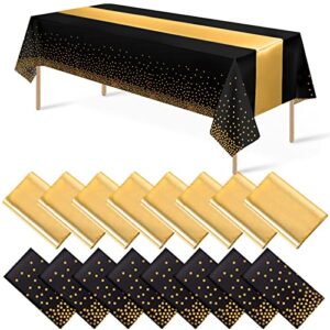 16pack disposable plastic tablecloths and satin table runner set black gold dot table cloth gold for graduation wedding birthday baby shower anniversary holiday party decorations