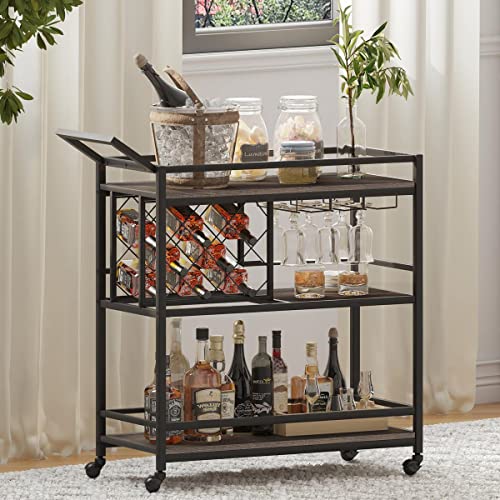 FATORRI Bar Carts for The Home with Wine Rack and Glasses Holder, Rustic Rolling Serving Cart on Wheels for Liquor and Alcohol, Wood and Metal Drink Cart and Beverage Cart (Walnut Brown)