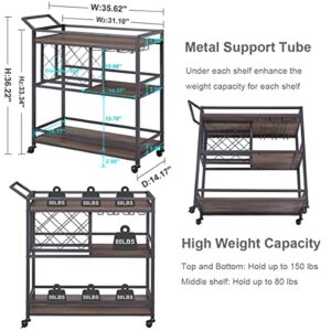 FATORRI Bar Carts for The Home with Wine Rack and Glasses Holder, Rustic Rolling Serving Cart on Wheels for Liquor and Alcohol, Wood and Metal Drink Cart and Beverage Cart (Walnut Brown)