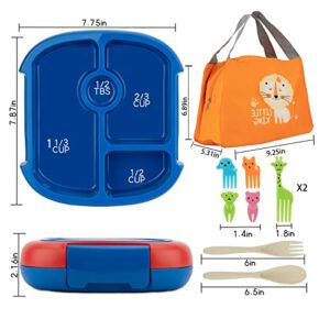 Kekimatata Bento Box, Kids Lunch Box, Leak-Proof, 4 Compartment, BPA-Free, Dishwasher Safe, Ideal Portion Sizes for Ages 4 to 7, Animal Fruit Fork & Wheat Straw Fork Spoon With Bag (Blue)