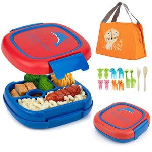 kekimatata bento box, kids lunch box, leak-proof, 4 compartment, bpa-free, dishwasher safe, ideal portion sizes for ages 4 to 7, animal fruit fork & wheat straw fork spoon with bag (blue)