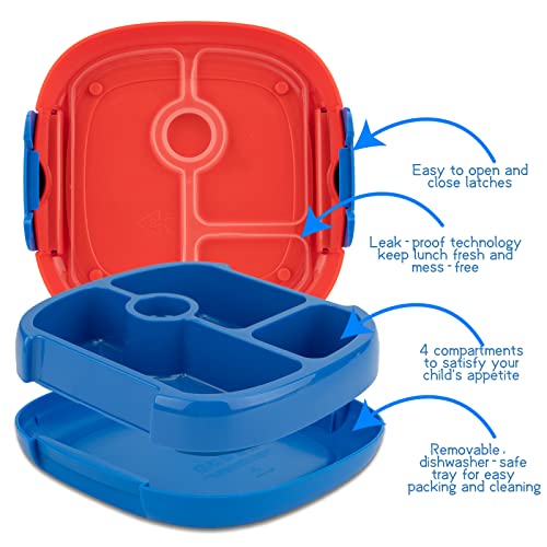 Kekimatata Bento Box, Kids Lunch Box, Leak-Proof, 4 Compartment, BPA-Free, Dishwasher Safe, Ideal Portion Sizes for Ages 4 to 7, Animal Fruit Fork & Wheat Straw Fork Spoon With Bag (Blue)