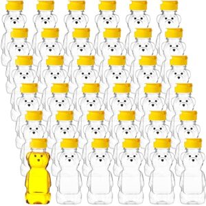 thenshop 36 pieces plastic empty honey bear bottle honey squeeze bottle honey bear cup with yellow flip top lid bear shaped jar honey containers for juice storing and dispensing(240 ml/ 8 oz)