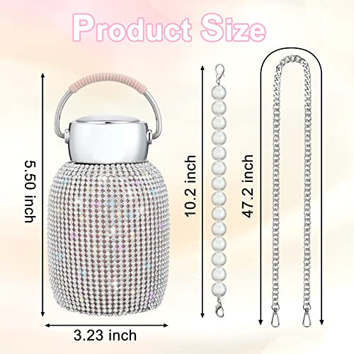GENDLTHIJ Diamond Water Bottle Bling Stainless Steel Thermal Bottle, Colorful Vacuum Flask Refillable Insulated Water Bottle with Chain Glitter Water Bottle with Pearl Bracelet for Women Girl (Silver)