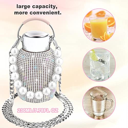GENDLTHIJ Diamond Water Bottle Bling Stainless Steel Thermal Bottle, Colorful Vacuum Flask Refillable Insulated Water Bottle with Chain Glitter Water Bottle with Pearl Bracelet for Women Girl (Silver)