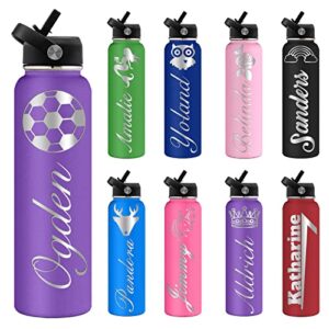 assetbag personalized water bottles for kids with straw lid bulk 24oz engraved customized insulated bottle with name and text for men dad gifts(purple)
