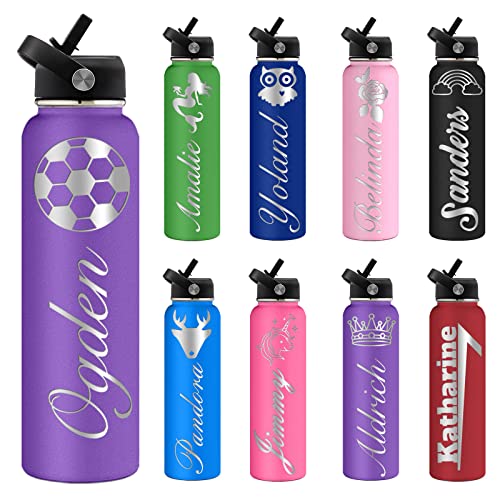 ASSETBAG Personalized Water Bottles for Kids with Straw Lid Bulk 24oz Engraved Customized Insulated Bottle with Name and Text for Men Dad Gifts(Purple)