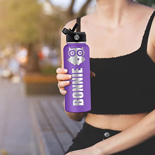 ASSETBAG Personalized Water Bottles for Kids with Straw Lid Bulk 24oz Engraved Customized Insulated Bottle with Name and Text for Men Dad Gifts(Purple)