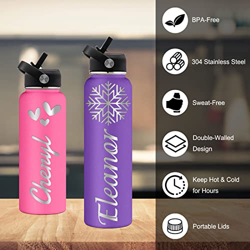 ASSETBAG Personalized Water Bottles for Kids with Straw Lid Bulk 24oz Engraved Customized Insulated Bottle with Name and Text for Men Dad Gifts(Purple)