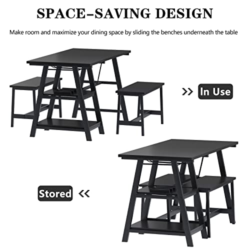 DlandHome Dining Table Set for 2, Kitchen Table Set with 2 Benches, Breakfast Lunch Table with Wine Rack and Glass Holder for Kitchen and Dining,47Inch,Black