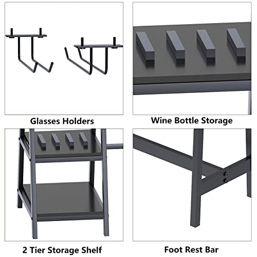 DlandHome Dining Table Set for 2, Kitchen Table Set with 2 Benches, Breakfast Lunch Table with Wine Rack and Glass Holder for Kitchen and Dining,47Inch,Black