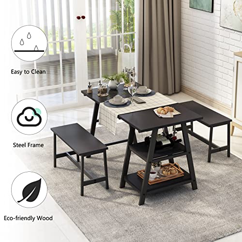 DlandHome Dining Table Set for 2, Kitchen Table Set with 2 Benches, Breakfast Lunch Table with Wine Rack and Glass Holder for Kitchen and Dining,47Inch,Black