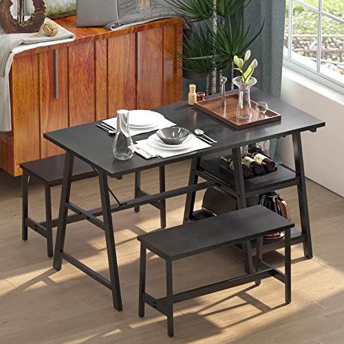 DlandHome Dining Table Set for 2, Kitchen Table Set with 2 Benches, Breakfast Lunch Table with Wine Rack and Glass Holder for Kitchen and Dining,47Inch,Black