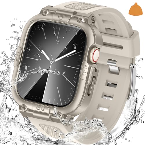 Goton [3 in 1] Waterproof Case and Band for Apple Watch Series Ultra 49mm with Tempered Glass Screen Protector, 360° Protective Hard PC Front/Back Bumper