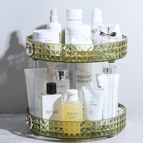 ROWNYEON Rotating Makeup Organizer 2 Tier Skincare Organizers with Handle Bathroom Organizer Perfume Organizer Spinning Cosmetics Organizer for Vanity，Cabinets, Pantry, Fridge, Countertops，Kitchen