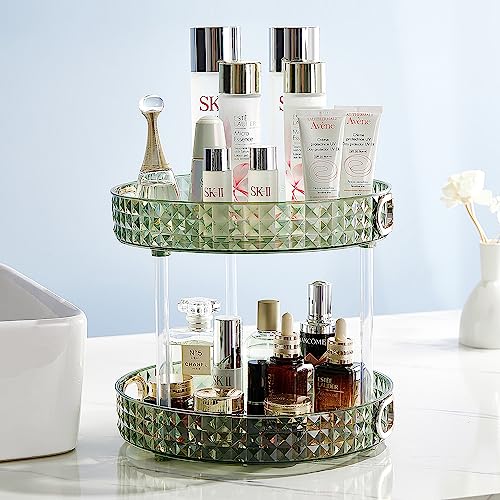 ROWNYEON Rotating Makeup Organizer 2 Tier Skincare Organizers with Handle Bathroom Organizer Perfume Organizer Spinning Cosmetics Organizer for Vanity，Cabinets, Pantry, Fridge, Countertops，Kitchen