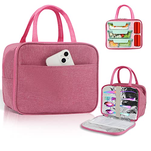 Kincown Insulated Lunch Bag Reusable Cooler Tote for Work, Picnic, Lunch Containers Keeps Food Fresh for Hours, Lunch Tote Lunch Bag with Aluminum Foil for Women & Men-Pink