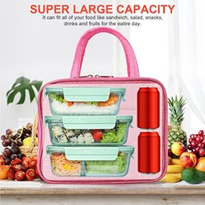 Kincown Insulated Lunch Bag Reusable Cooler Tote for Work, Picnic, Lunch Containers Keeps Food Fresh for Hours, Lunch Tote Lunch Bag with Aluminum Foil for Women & Men-Pink