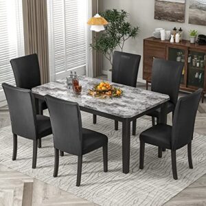 dhhu furniture, 7-piece dining 1 faux marble top upholstered-seats, kitchen table set for 6, black