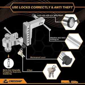 CROSSHIP Adjustable Trailer Hitch Ball Mount-Fit 2" Receiver, 6 Inch Drop/Rise Aluminum Drop Hitch with 2'' & 2-5/16'' Solid Dual Balls 12,500 LBS GTW-Tow Hitch for Heavy Duty Truck with Double Locks