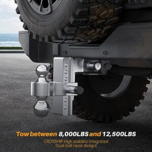 CROSSHIP Adjustable Trailer Hitch Ball Mount-Fit 2" Receiver, 6 Inch Drop/Rise Aluminum Drop Hitch with 2'' & 2-5/16'' Solid Dual Balls 12,500 LBS GTW-Tow Hitch for Heavy Duty Truck with Double Locks