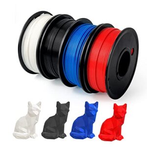 4 pack pla 3d printer filament, 4 color pla 3d printer filament 1.75mm in total 1kg, dimensional accuracy +/- 0.02 mm for 3d printing(white, red, black, blue)