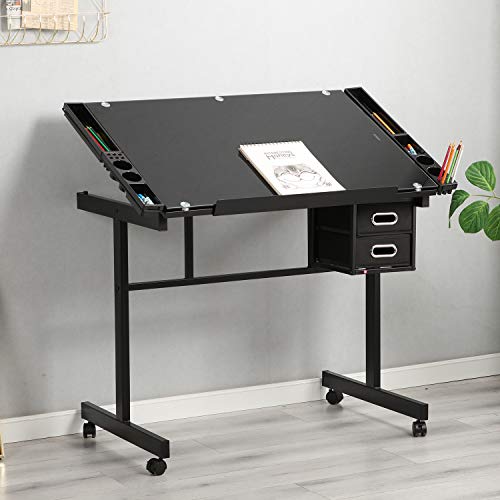 SogesGame Rolling Glass Desk Height Adjustable Drafting Table Painting Table Drawing Table Art Craft Desk Artist Desk Tilting Tabletop Sketching Desk with Drawers Black